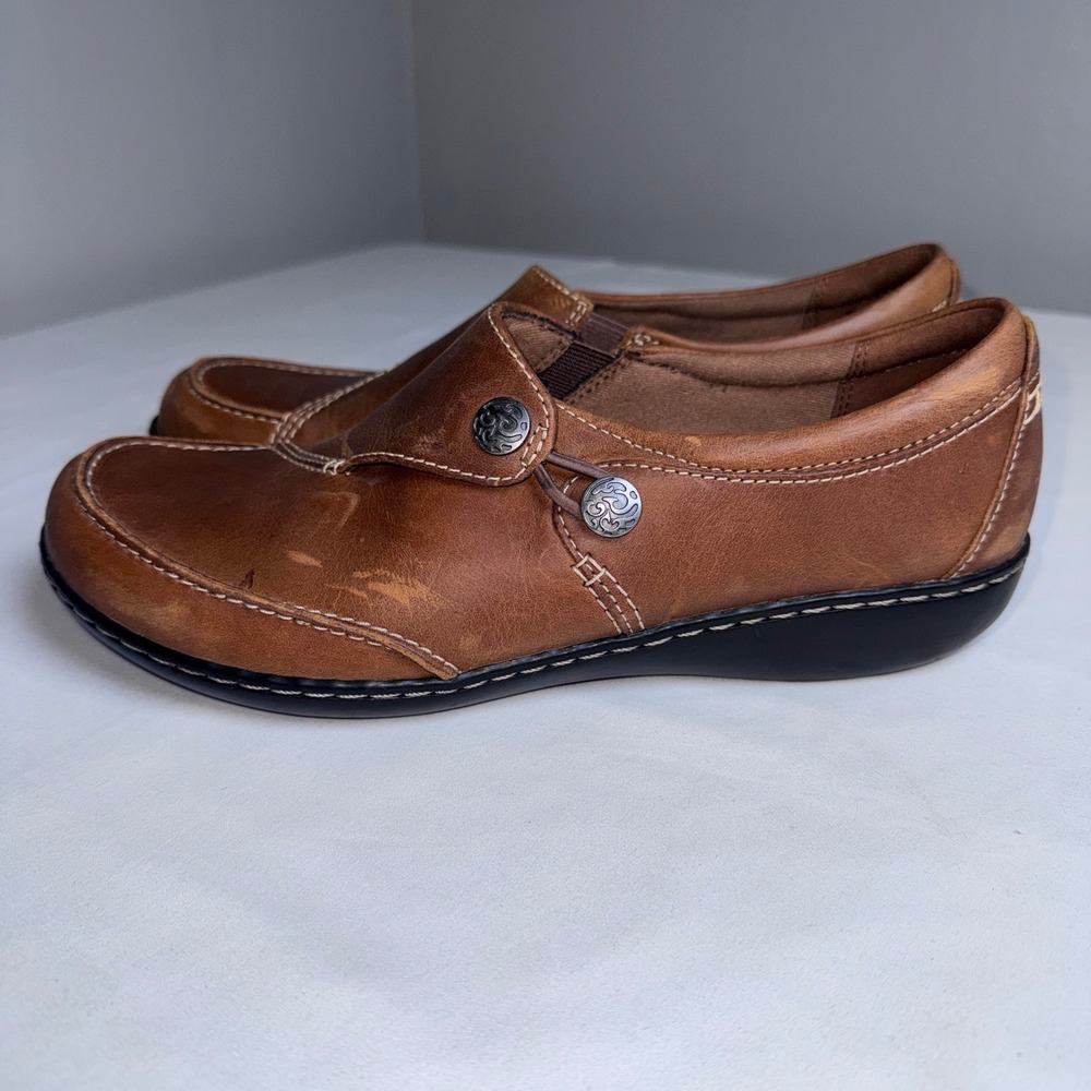 Clarks Ashland Lane Q Dark Tan Leather Loafers Womens 10 M Comfort Slip On Shoes